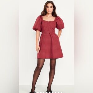 Old Navy Puff-Sleeve Plaid Smocked Fit & Flare Taffeta Holidays Mini Dress NWT